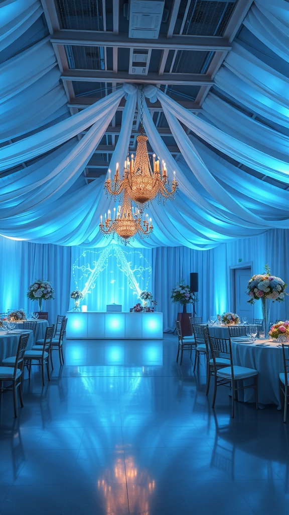 A beautifully lit reception area featuring dusty blue lighting, elegant chandeliers, and floral centerpieces.