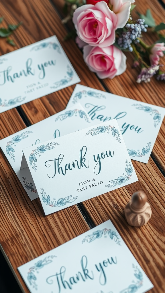 Dusty blue thank you cards with floral accents, surrounded by pink roses and a wooden table.