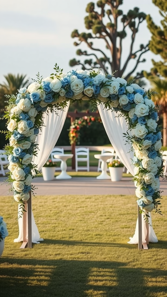 A wedding arch featuring dusty blue roses and white drapes set in a grassy area with chairs arranged for guests.