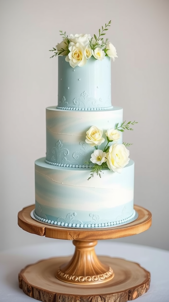 A three-tier dusty blue wedding cake decorated with white roses and greenery on a wooden cake stand.