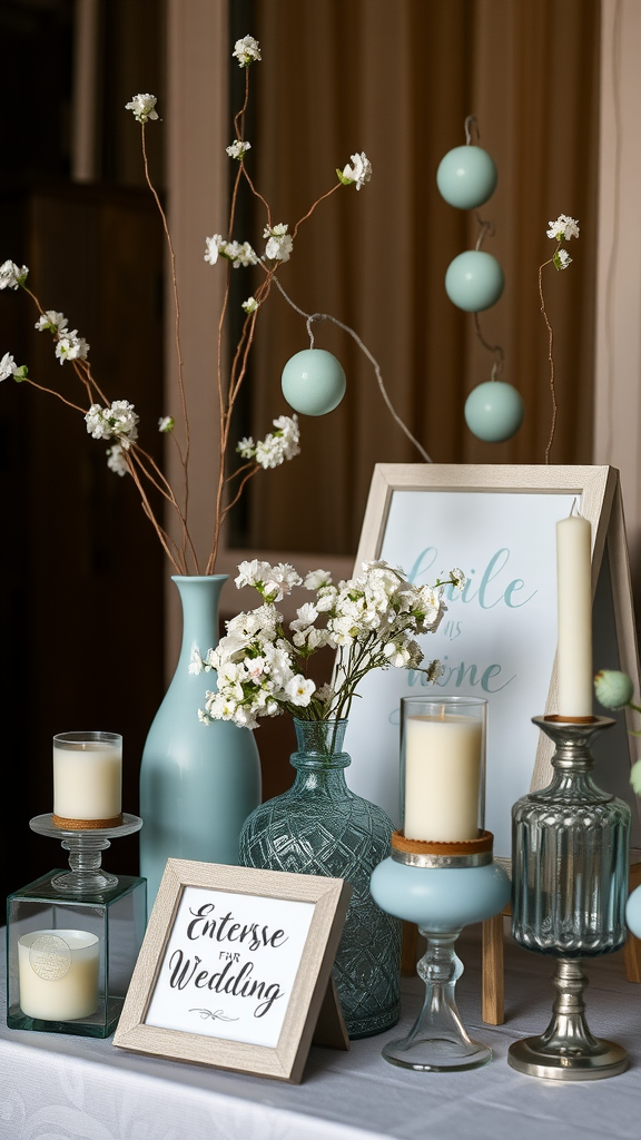 Decor setup featuring dusty blue vases, candles, and floral arrangements for a wedding.