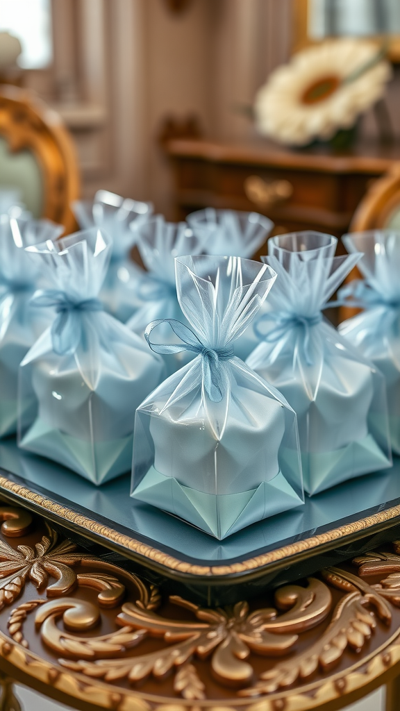 Dusty blue wedding favors wrapped in translucent bags on a decorative tray.