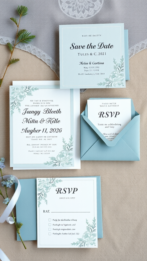 Dusty blue wedding stationery including invitations and RSVP cards with floral designs.
