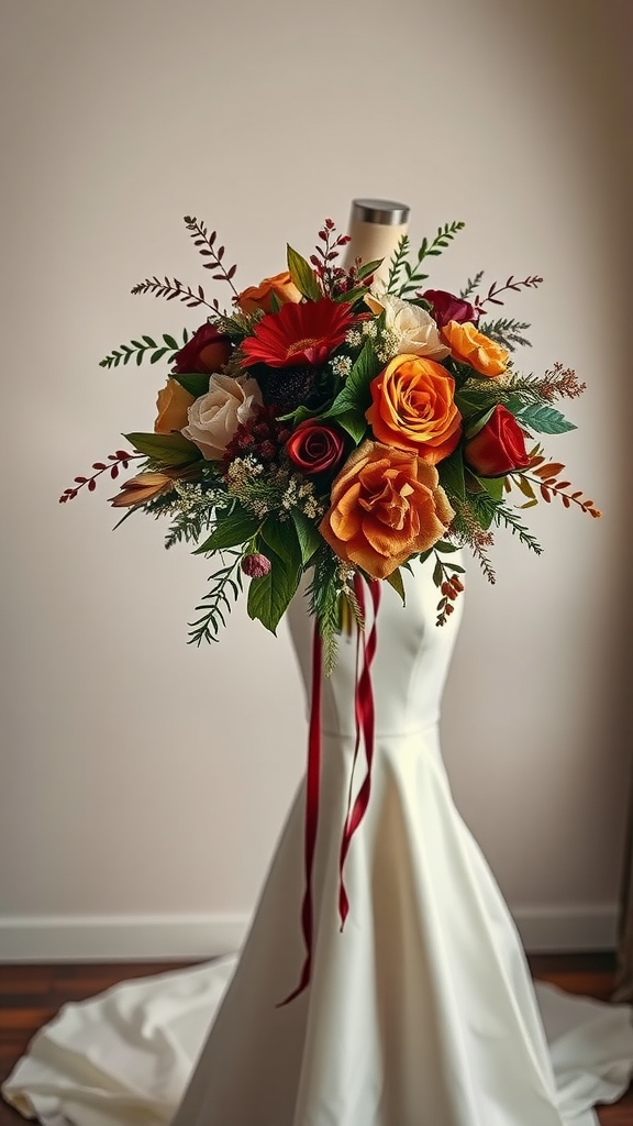 A vibrant earth tone wedding bouquet featuring roses and greenery, displayed on a dress form.