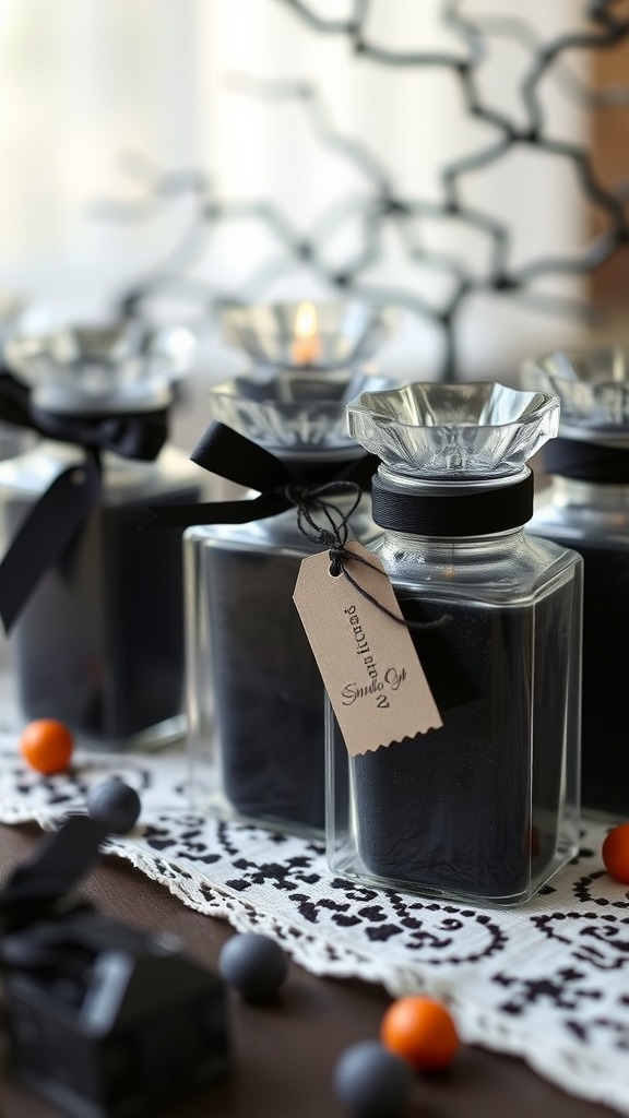 Elegant black candles in glass jars with decorative tags, set on a lace table runner. Dark Romantic Wedding Ideas