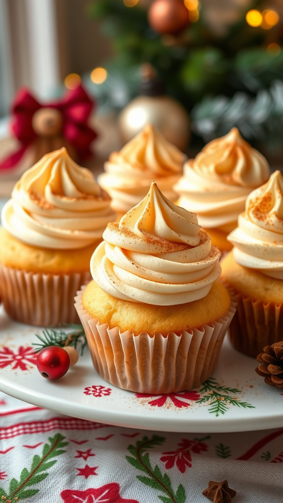 A plate of eggnog flavored cupcakes topped with creamy frosting and nutmeg, set against a festive background.