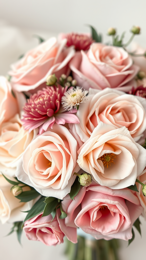 A bouquet featuring soft blush roses and delicate pink flowers, perfect for an earth tone wedding.