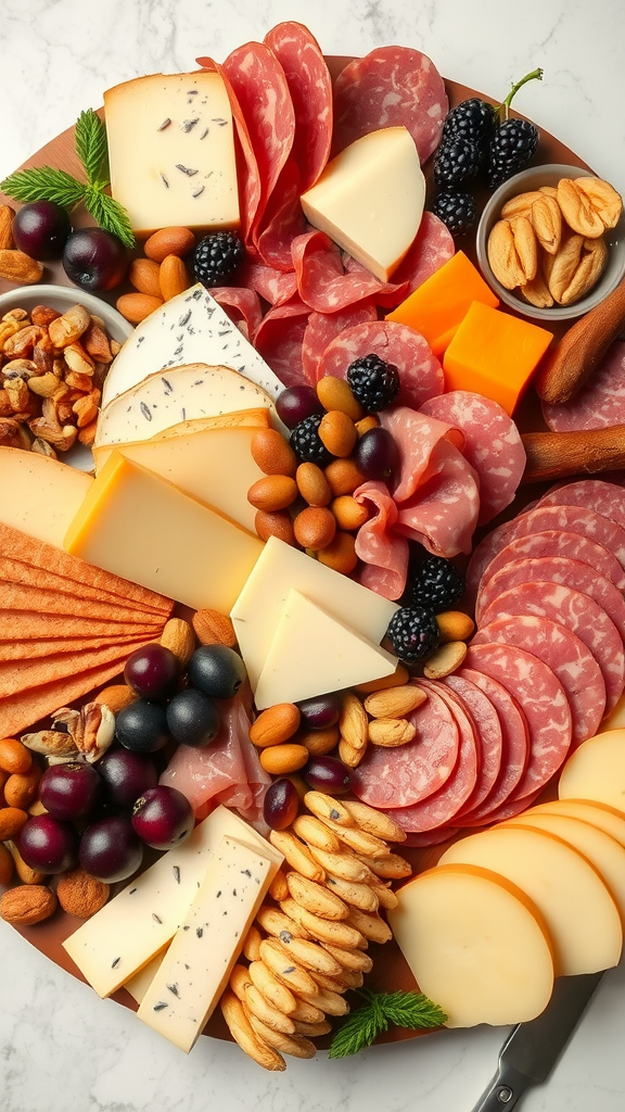 A beautifully arranged charcuterie board with various meats, cheeses, fruits, and nuts.