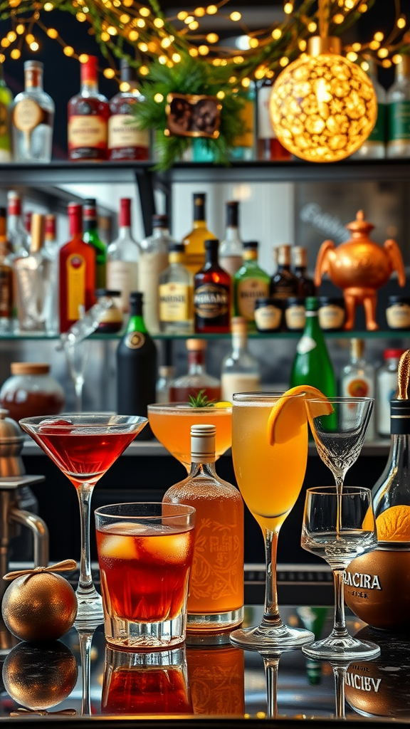 A beautifully arranged cocktail bar with various drinks and festive decorations. adults New Year's Eve Party Ideas