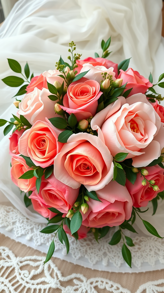 A beautiful coral bridal bouquet featuring pink roses and green leaves.