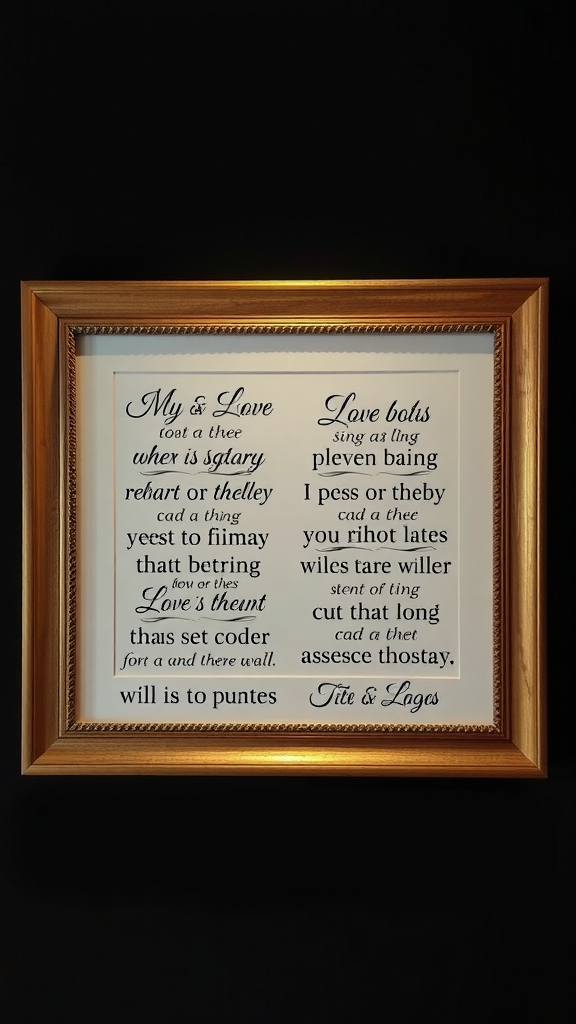 Framed quotes about love in an elegant font against a dark background.