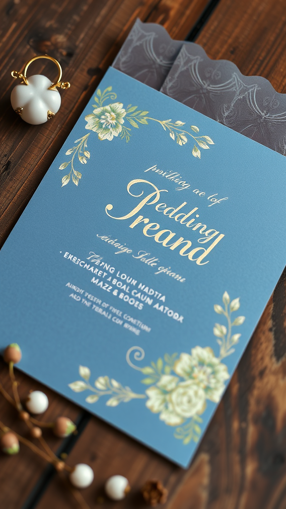 Dusty blue wedding invitation with floral design