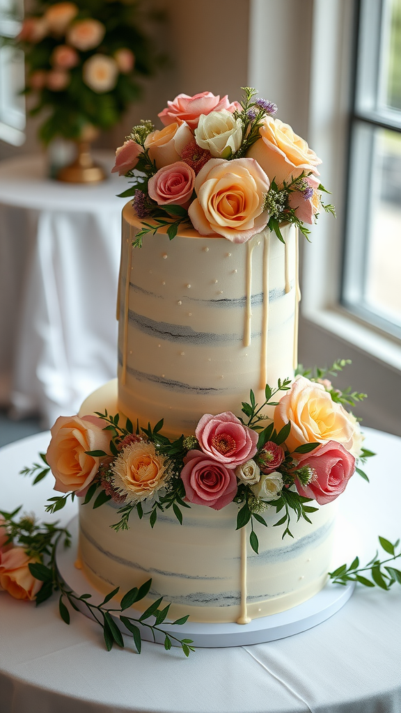 A two tier wedding cake adorned with pink and peach roses and greenery.