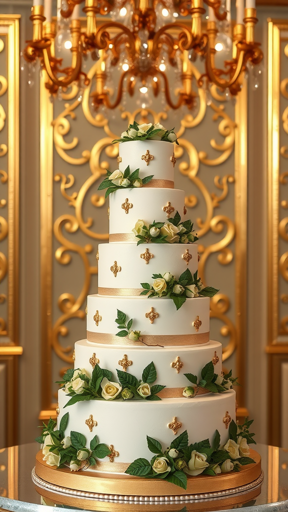 A tall, multi-tiered wedding cake with white icing, gold accents, and green floral decorations, set against an ornate golden backdrop.