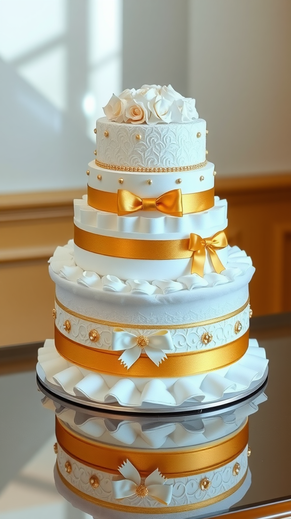A decorative diaper cake featuring white layers with gold ribbons and bows, topped with roses.