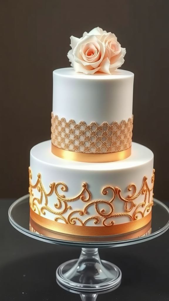 A two-tier wedding cake with white fondant, golden accents, and blush roses on top.