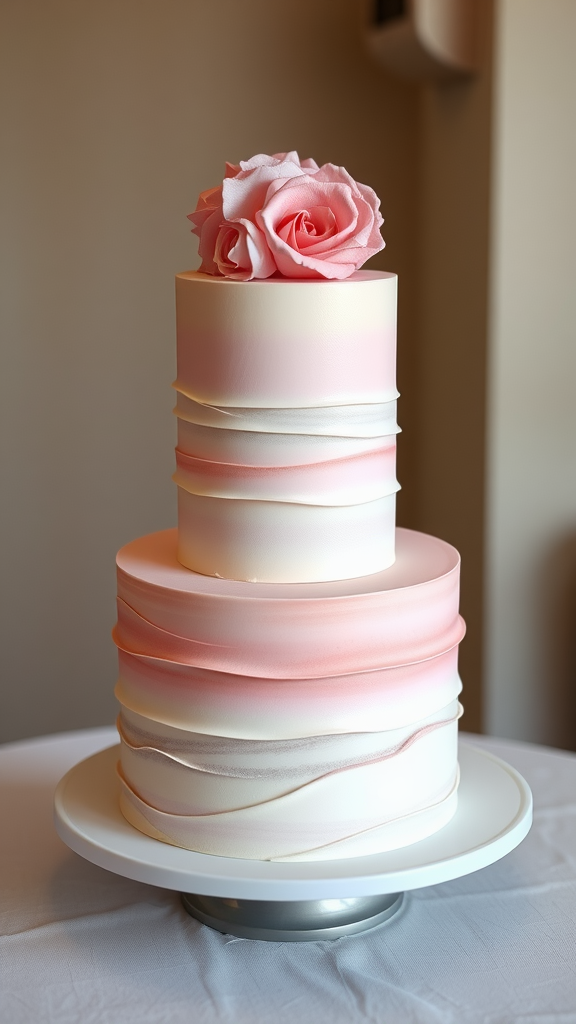 A two tier wedding cake featuring an elegant ombre effect in shades of pink, topped with pink roses.