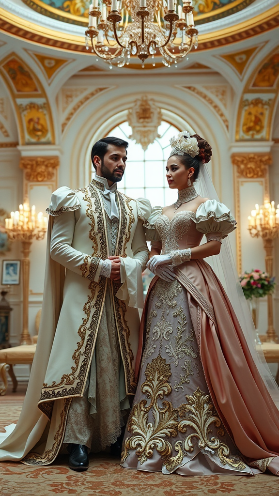 A couple dressed in Rococo-inspired wedding attire, showcasing intricate designs and elegant fabrics in a lavish setting.