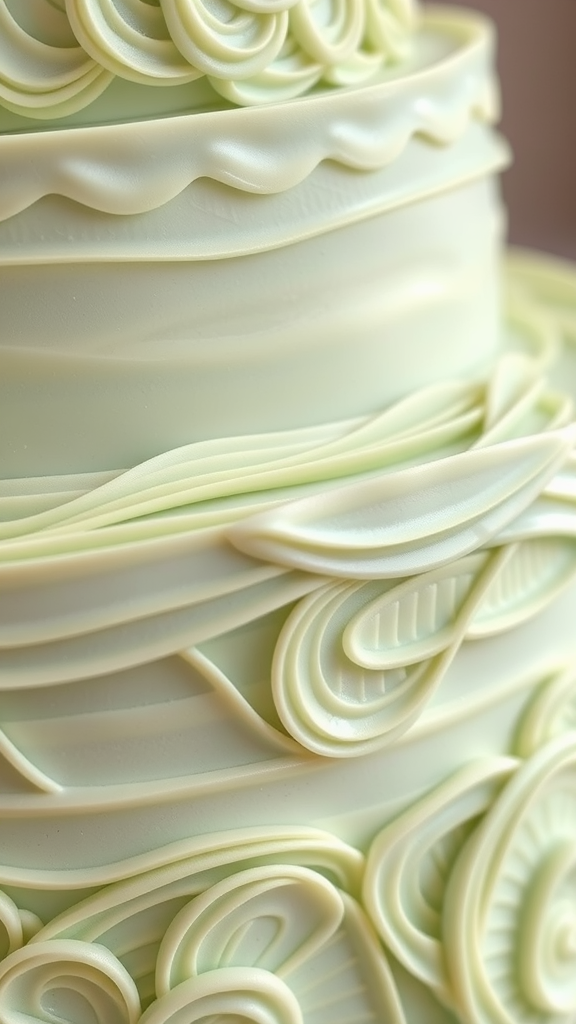 A close-up of a beautifully decorated sage green wedding cake with intricate frosting designs.