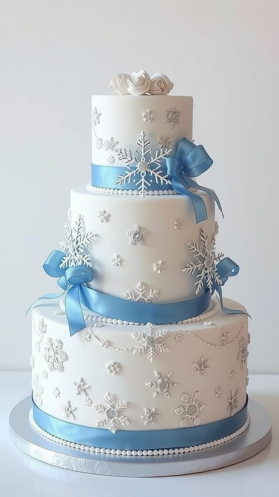 Three-tiered winter cake decorated in silver and blue with snowflakes and roses. Christmas Wedding Cakes and Cupcakes 