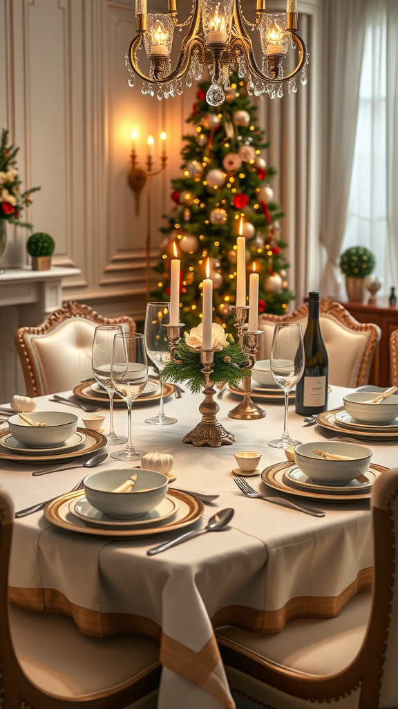 An elegant dining table set for a festive occasion, featuring a chandelier, candles, and a Christmas tree in the background.