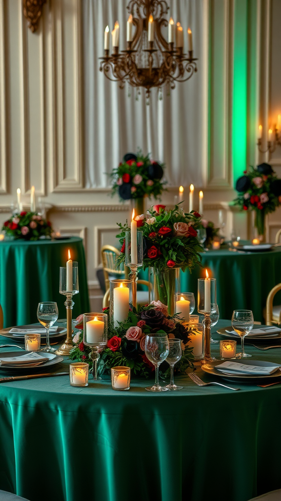 Elegant table setting with emerald green tablecloth, candlelight, and floral arrangements