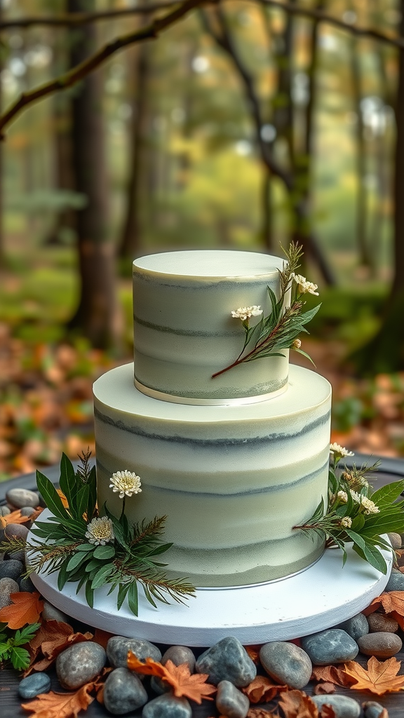 A two-tier sage green wedding cake decorated with greenery and flowers, placed on a wooden table surrounded by stones and leaves in a forest setting.