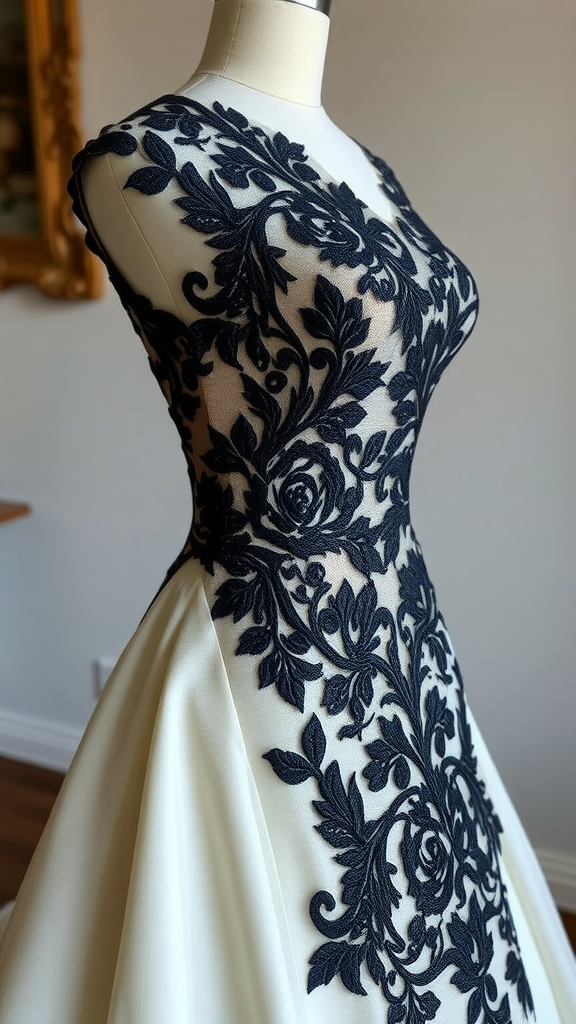 A close-up of a dress featuring black embroidered lace on a cream gown, highlighting dark romantic wedding themes.