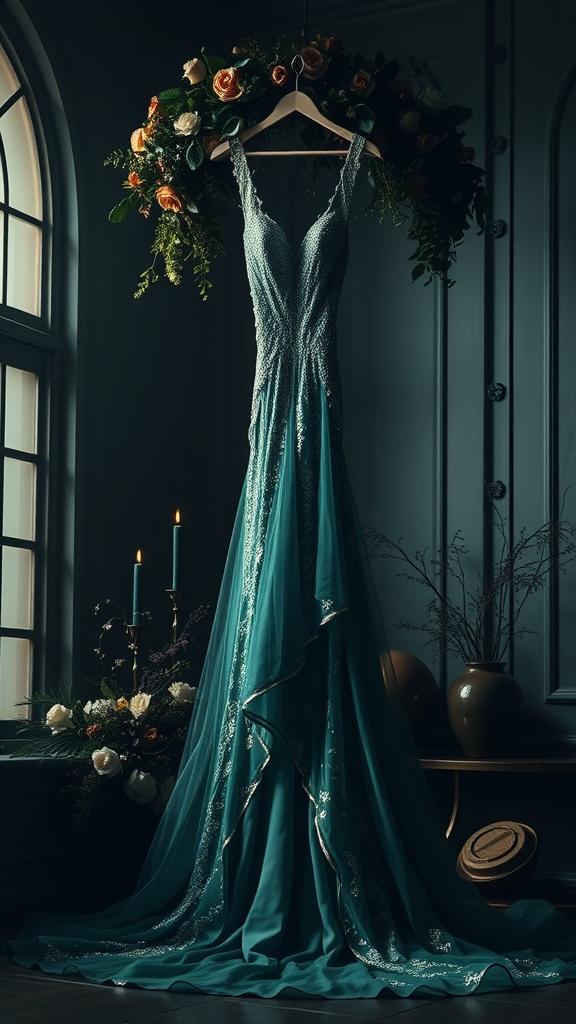 Emerald green bridal gown displayed with floral decor and candles