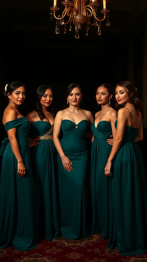 Group of bridesmaids wearing emerald green dresses in a warmly lit setting