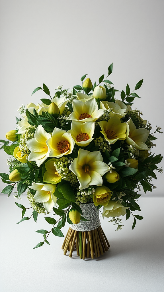 A bouquet featuring yellow flowers and olive green leaves, showcasing a mix of vibrant blooms and lush greenery.
