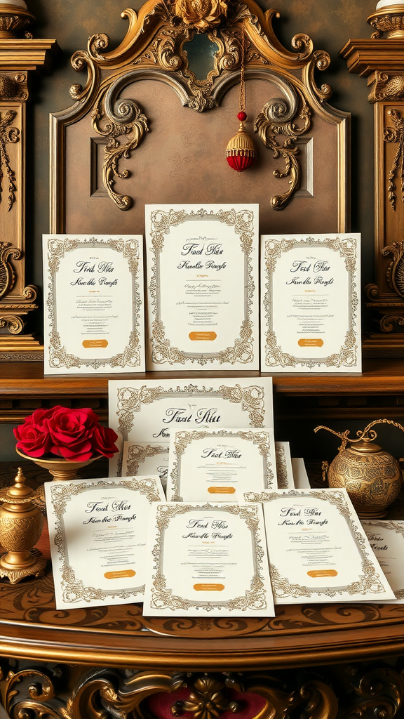 An elegant display of Rococo-style wedding invitations with intricate designs and red roses.
