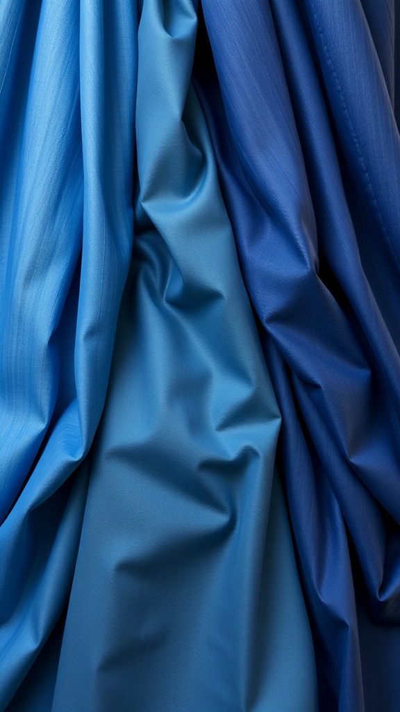 Close-up of draped blue fabrics showcasing different shades and textures.