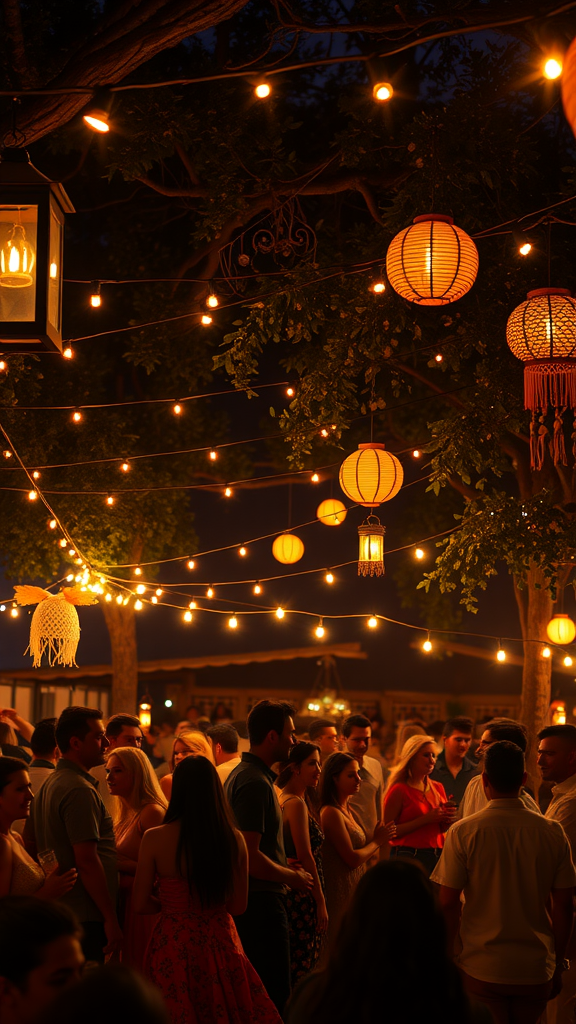 A vibrant outdoor party illuminated by string lights and lanterns, with guests enjoying the atmosphere.