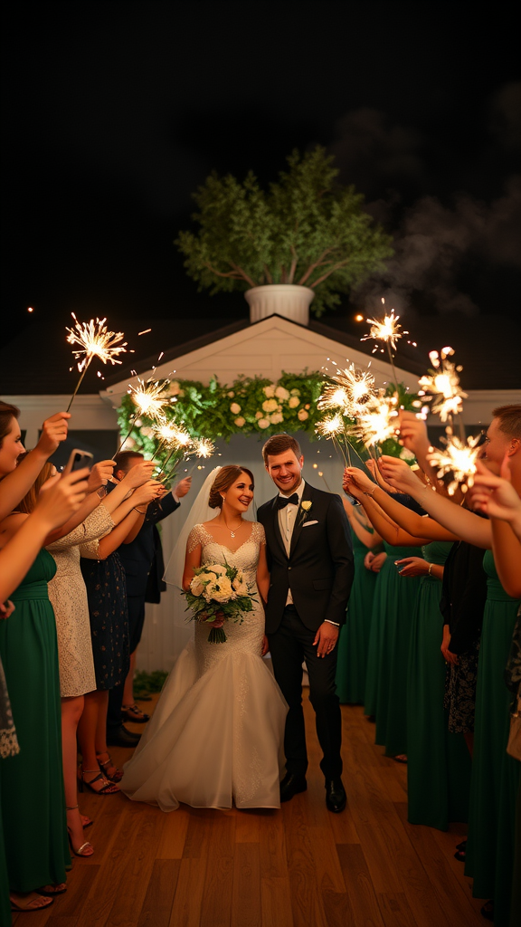 A happy couple celebrating their wedding send-off surrounded by guests holding sparklers.