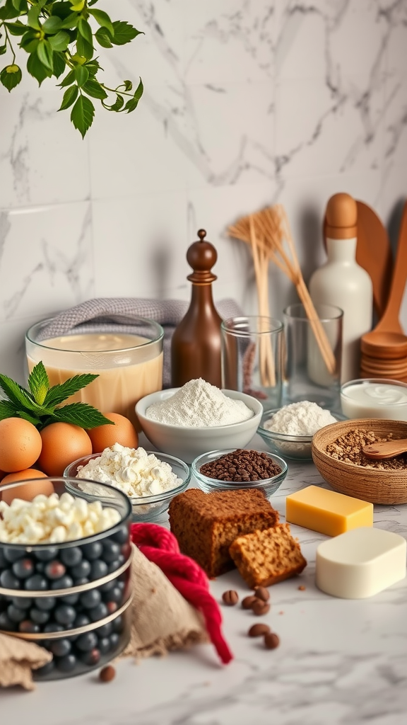 A variety of ingredients for making Rococo cake, including eggs, flour, sugar, and blueberries.