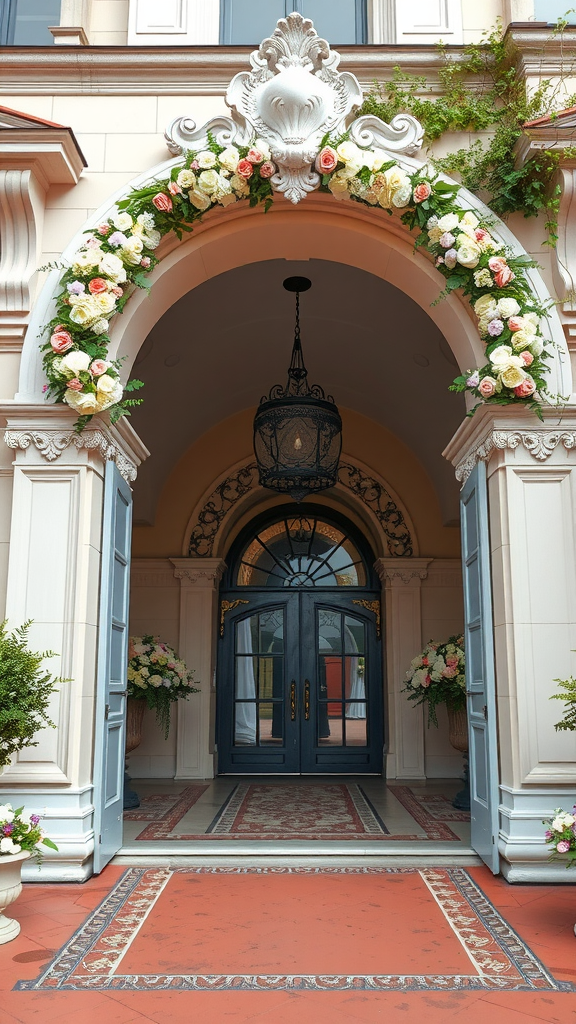 An ornate entrance with a floral arch and elegant doors, embodying Rococo design.