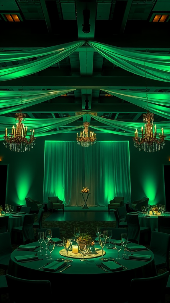 An elegantly decorated event space with emerald green lighting and chandeliers, perfect for a dark romantic wedding.