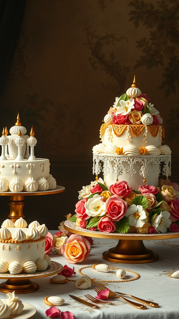 A beautifully decorated Rococo cake featuring intricate designs and vibrant flowers