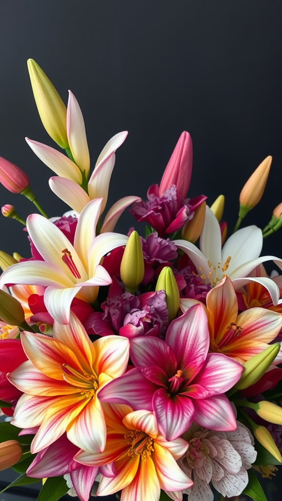 A vibrant bouquet featuring exotic blooms, including pink and orange lilies, against a dark backdrop.