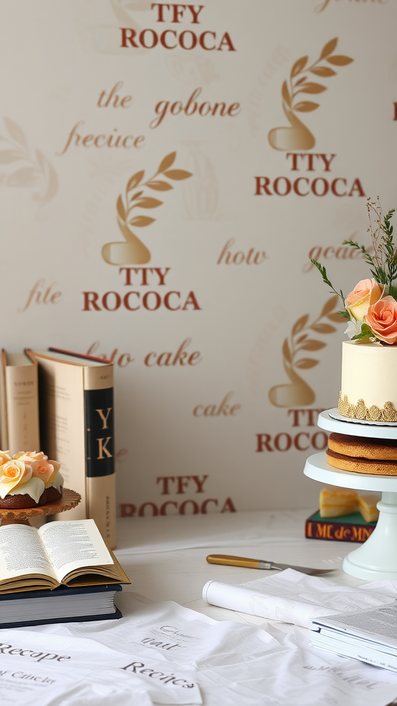 A beautifully decorated Rococo cake next to open books and a stylish background featuring the word 'Rococo'.