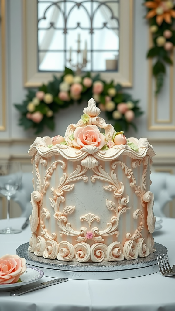 A beautifully designed Rococo cake adorned with pink roses and intricate details, set against an elegant backdrop.