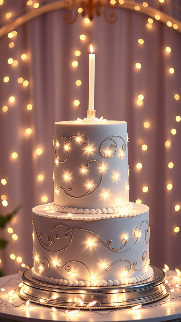 A beautifully decorated two-tier wedding cake with fairy lights in the background.