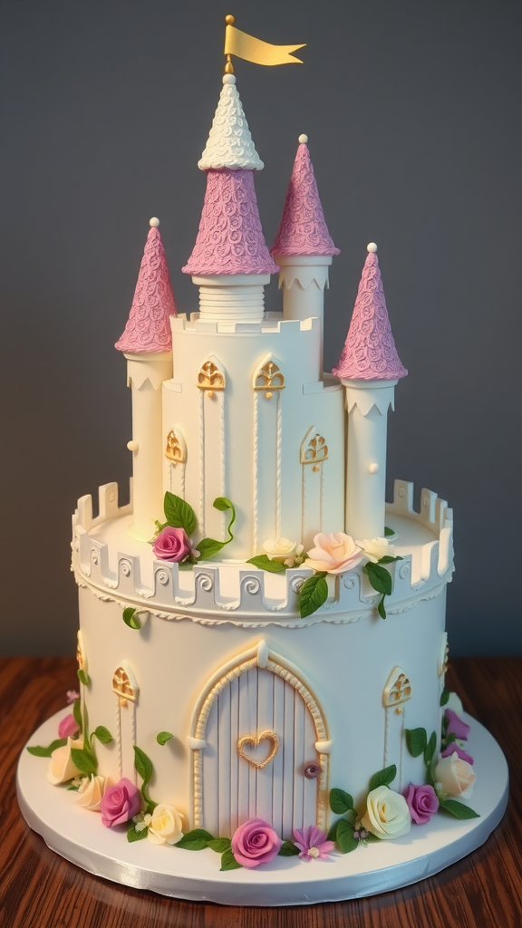 A beautifully designed two-tier cake shaped like a fairytale castle with pink turrets and floral decorations.