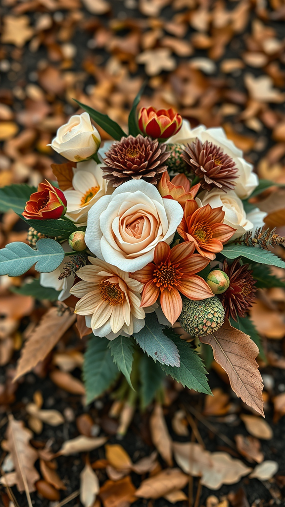 A bouquet featuring roses, daisies, and chrysanthemums in earth tones, surrounded by fallen leaves. Earth Tone Wedding Bouquets
