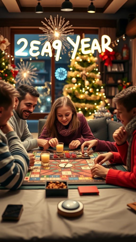 A family playing a board game together, festive decorations in the background