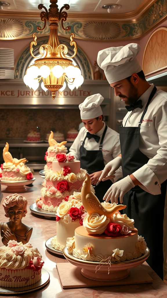 Two pastry chefs working on Rococo cakes in a beautifully decorated kitchen.