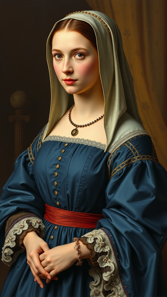 Portrait of a woman in a blue medieval dress with intricate details and accessories.