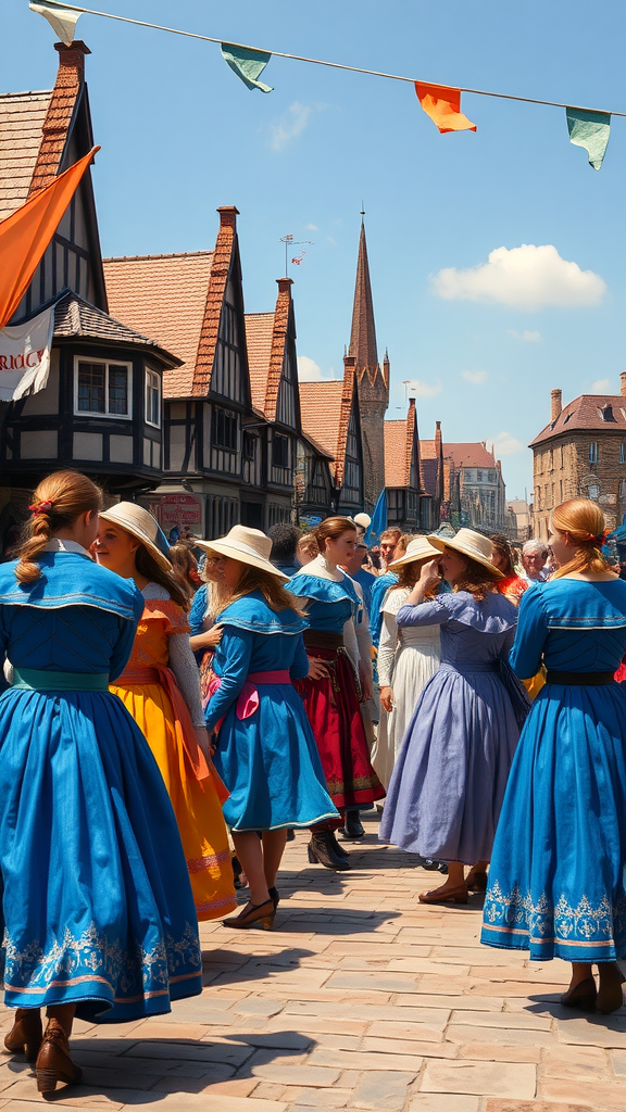 A vibrant festival scene with people in blue medieval dresses walking through a charming street lined with historical buildings.
