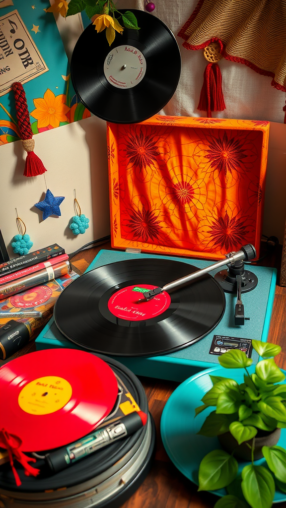 A vibrant boho-themed music setup with records, a turntable, and colorful decorations